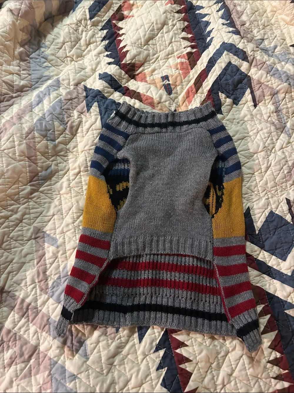 THE BOSS Striped Knit dog sweater in Gray, Navy, Mustard & Red